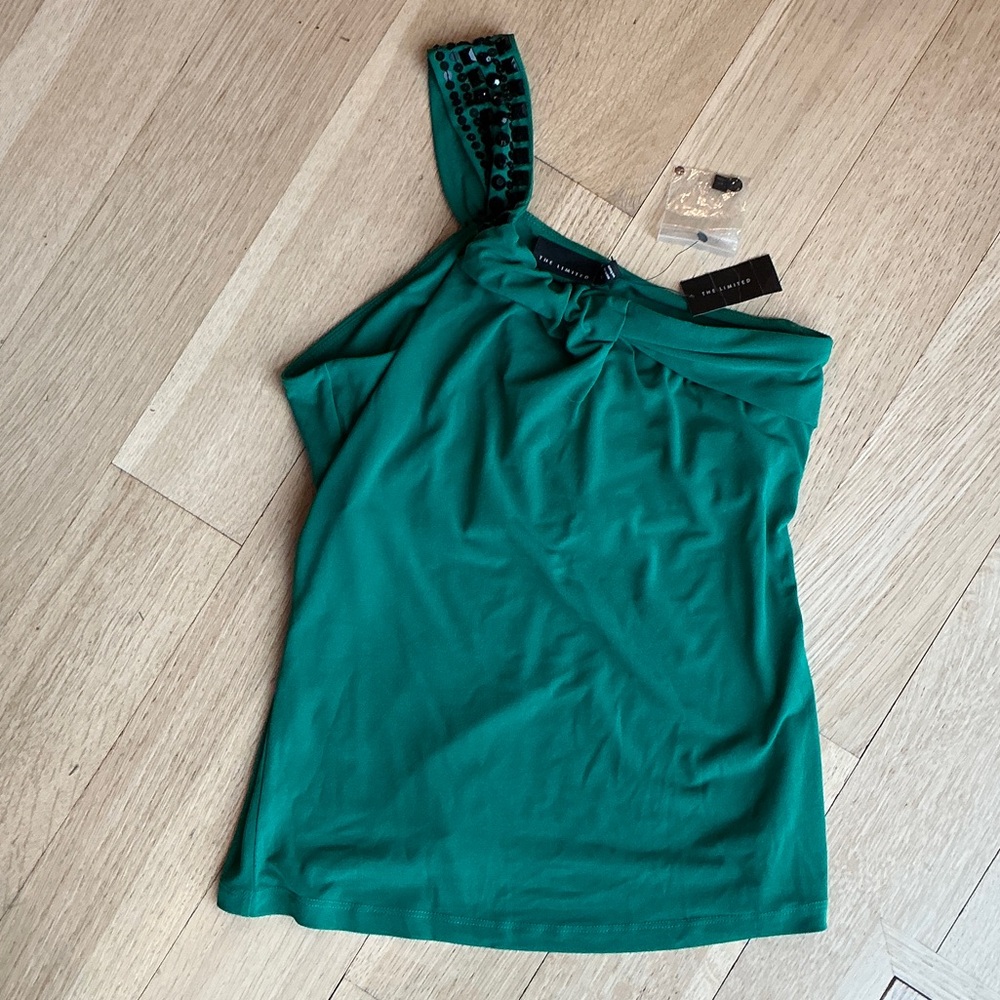 The Limited Emerald One-Shoulder Top with Black Embellishments